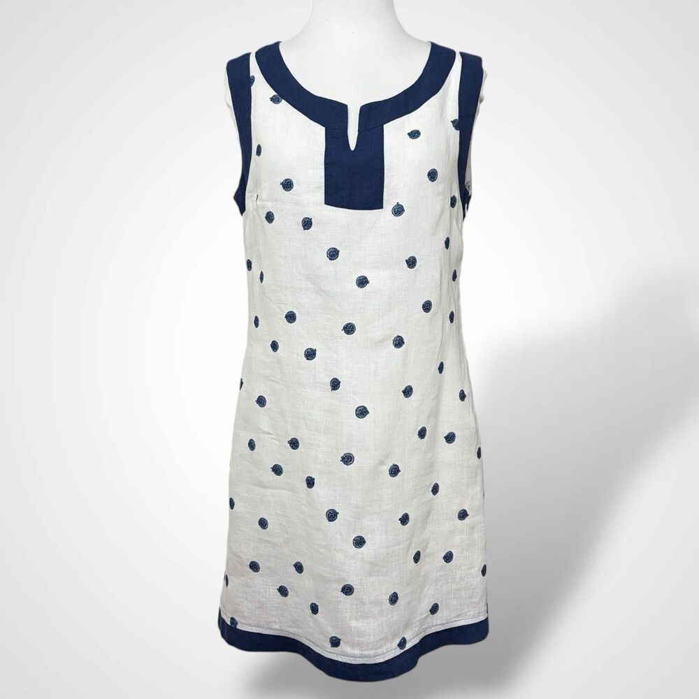 Luisa Linen Sleeveless Dress Women Size M White Blue Embroidered Dot Short Italy